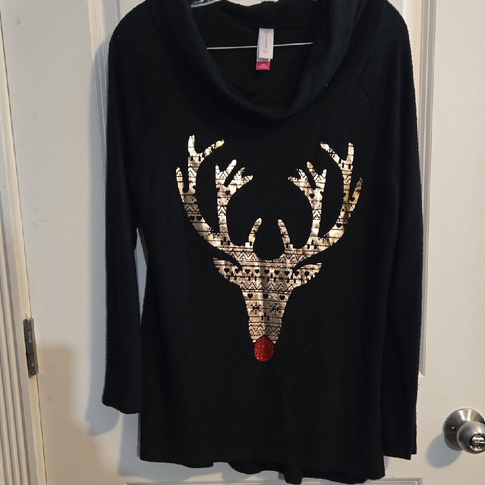 No Boundaries Black Cowl Neck Sweater with Gold and Red Reindeer